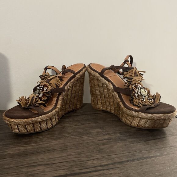 NEW BACIO 61 Rustic Brown Bairo Fringe Feather Flower Wedge Sandal‎ Women’s 10M - Picture 6 of 11